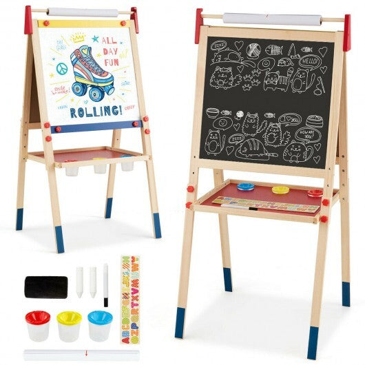 All-in-One Wooden Height Adjustable Kid's Art Easel with Magnetic Stickers and Paper - Color: Multicolor - Minihomy