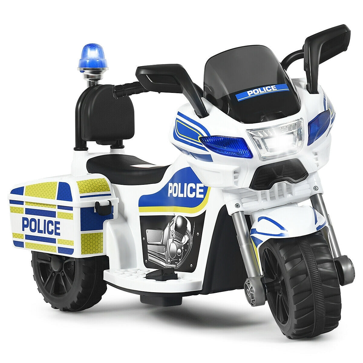6V 3-Wheel Kids Police Ride On Motorcycle with Backrest - Color: White