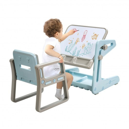 2 in 1 Kids Easel Table and Chair Set  with Adjustable Art Painting Board-Blue - Color: Blue - Minihomy