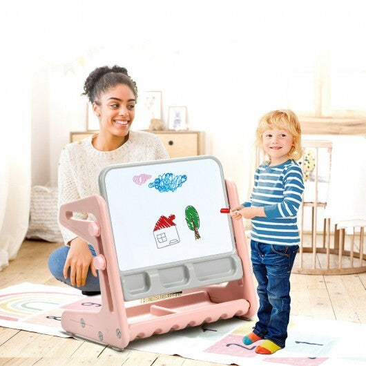 2 in 1 Kids Easel Table and Chair Set  with Adjustable Art Painting Board-Pink - Color: Pink