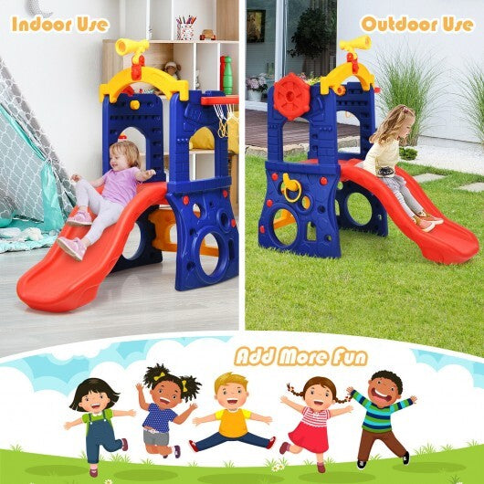 6-in-1 Freestanding Kids Slide with Basketball Hoop and Ring Toss - Minihomy