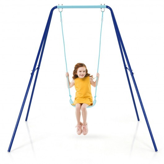 Outdoor Kids Swing Set with Heavy-Duty Metal A-Frame and Ground Stakes-Blue - Color: Blue - Minihomy