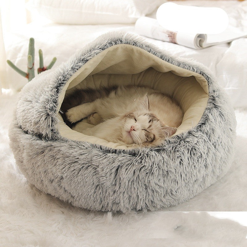 Pet Bed Round Plush Warm Bed House Soft Long Plush Bed  2 In 1 Bed - Minihomy