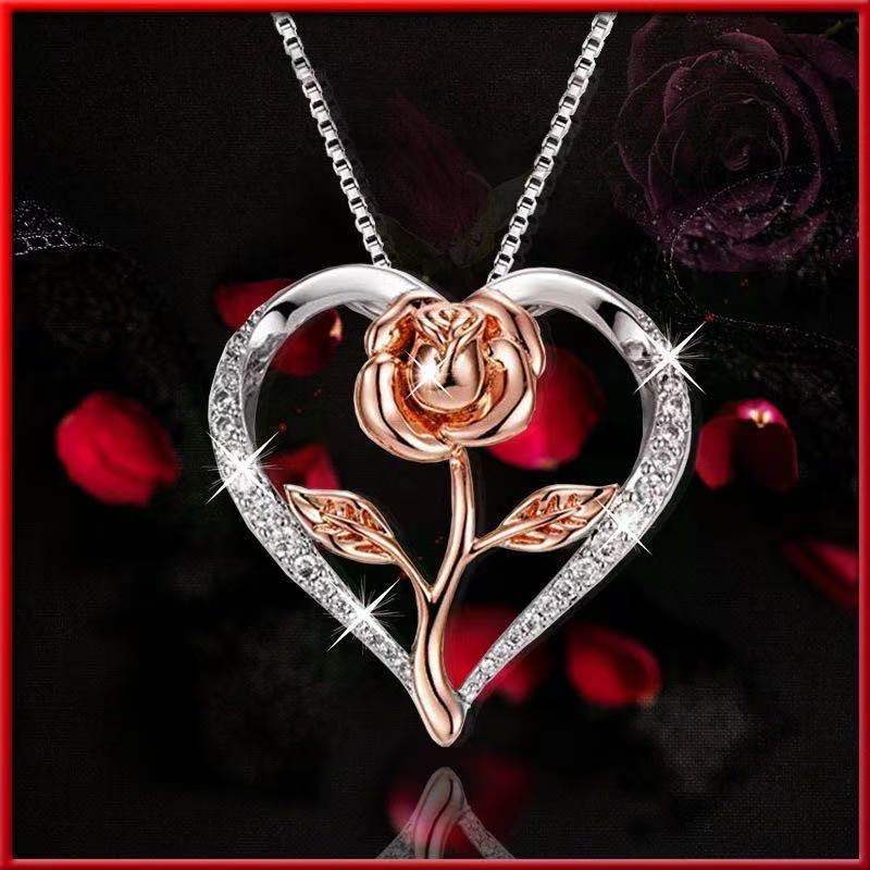 Zircon Heart Rose Silver Necklace For Women