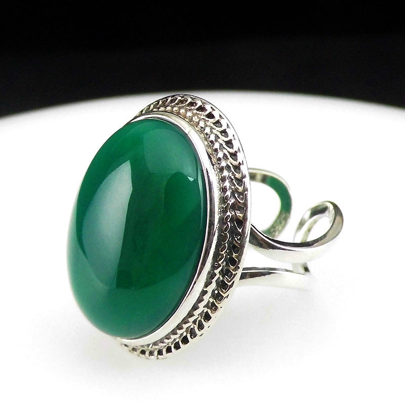 925 sterling silver Thai silver natural green chalcedony ring vintage index ring female exaggerated gemstone ring - Minihomy