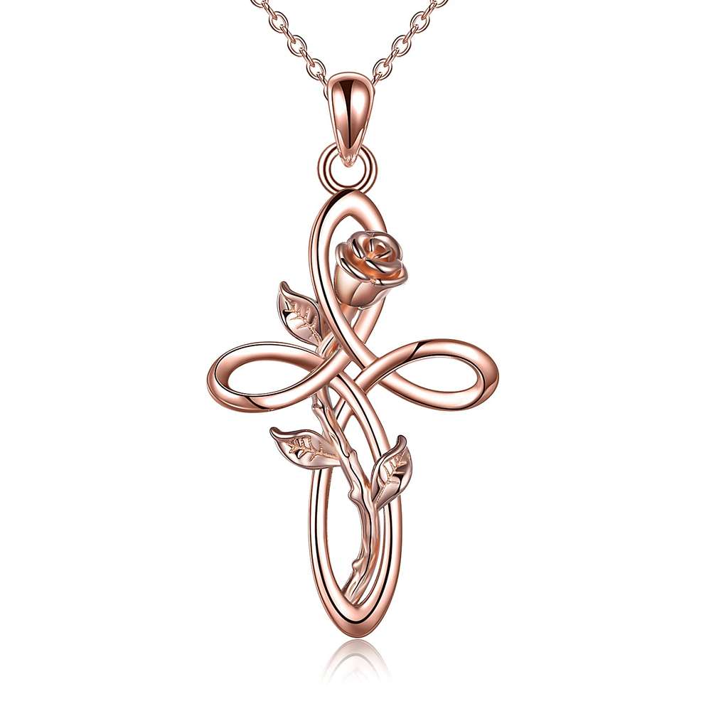 Cross Necklace with Sunflower Rose Flower Sterling Silver Infinity Love Celtic Knot Pendant Necklace for Women - Minihomy