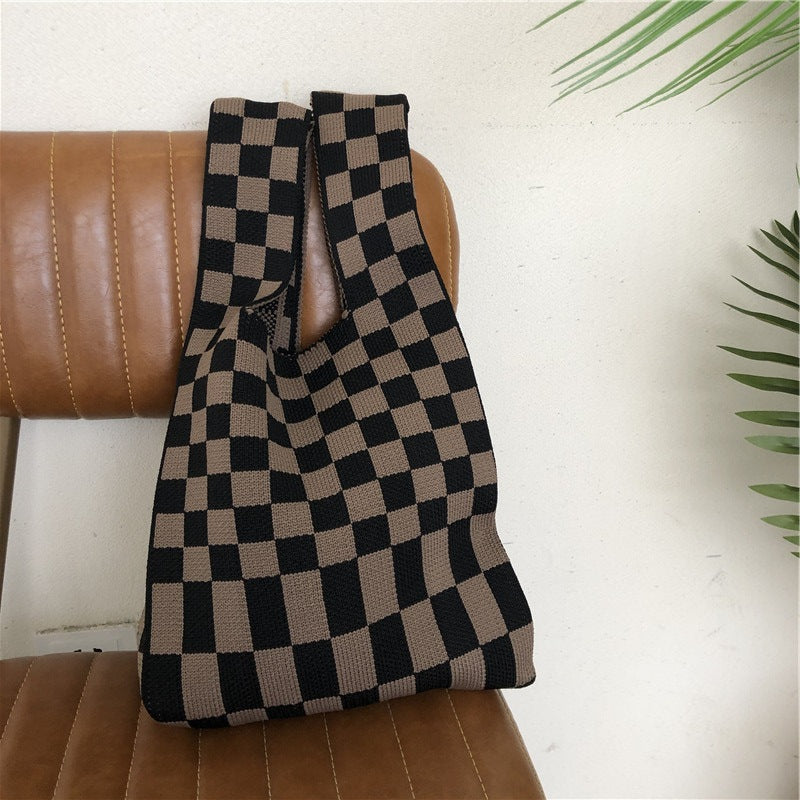 Stylish Checkerboard Wool Knit Woven One-Shoulder Armpit Bag