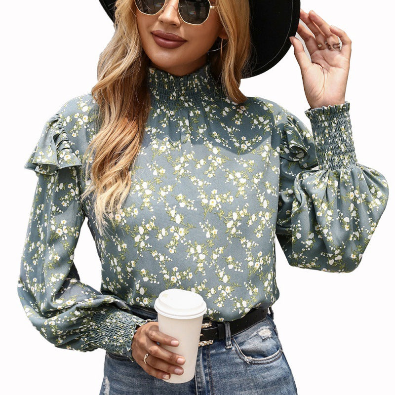 Loose Small Floral Stand-up Collar Ruffled Long-sleeved Shirt