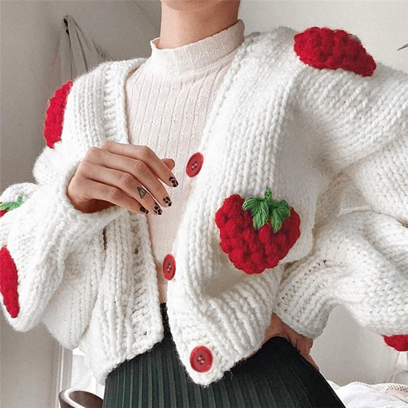 Female Cute Strawberry Loose V-neck Cardigan Sweater - Minihomy