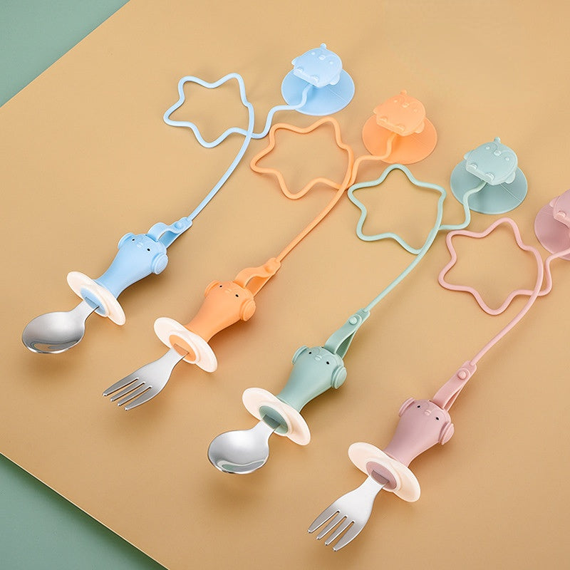 Infant Stainless Steel Training Spoon Fork Silicone Anti-drop for Children's