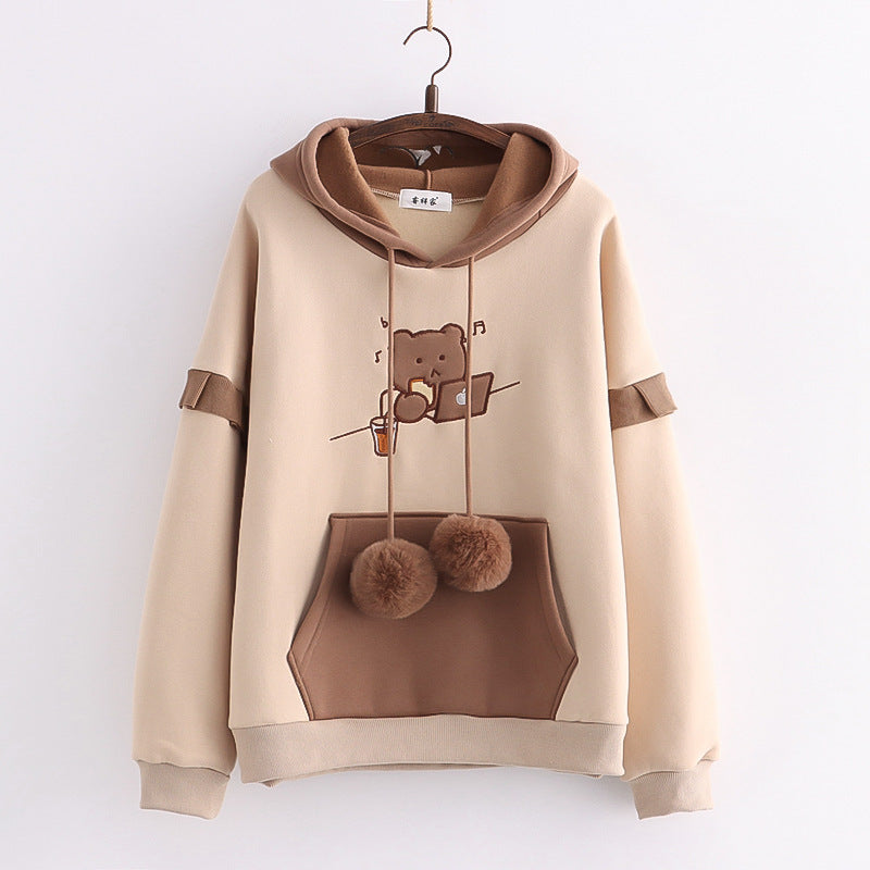 Hooded Bear Embroidery Plus Velvet Sweater Loose And Thin Coat Women - Minihomy