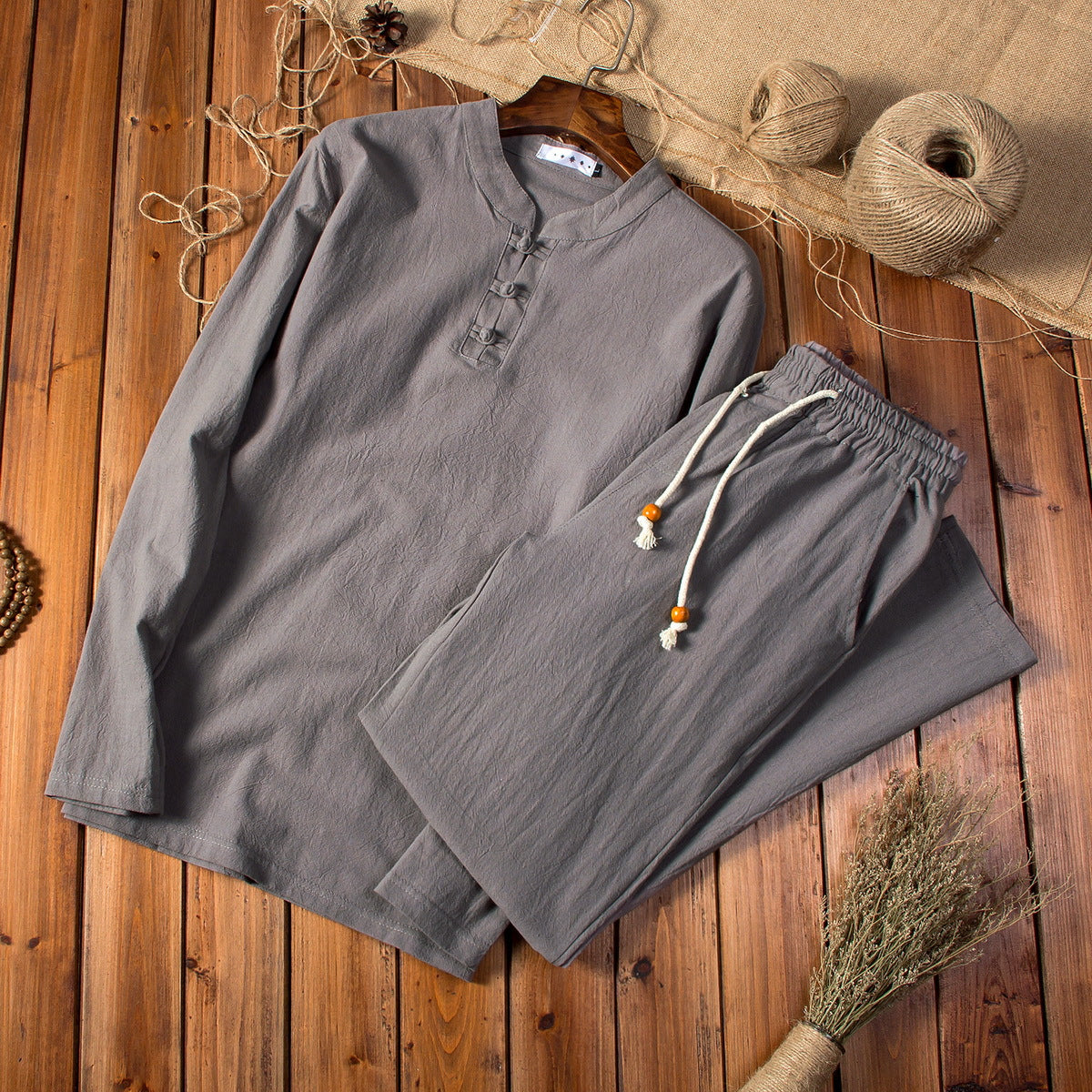Chinese Style Cotton And Linen Autumn Men's Long-sleeved Trousers Suit