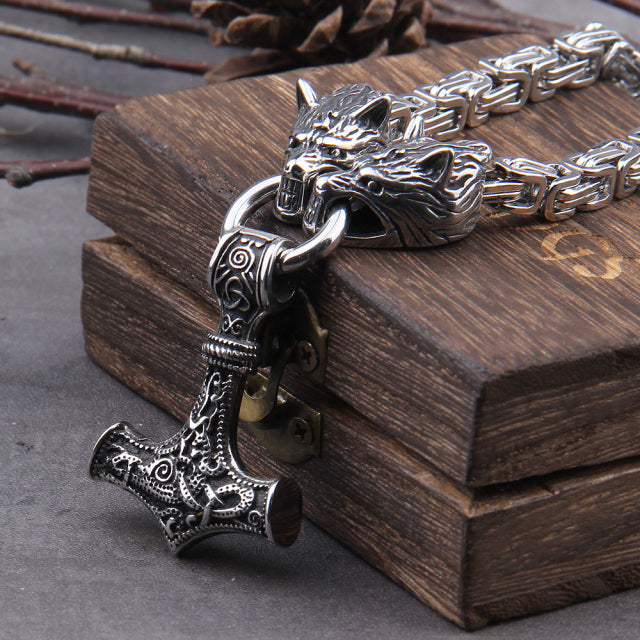 Wolf Head with Square Chain Necklace Thor's hammer Mjolnir Viking Necklace With Wooden Box