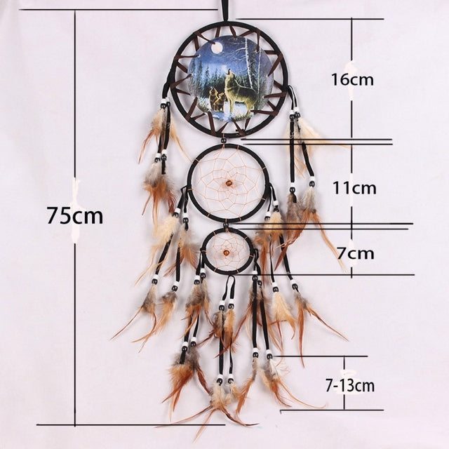 Handmade Feather Dream Catcher Brown Wolf Pattern Wind Chimes For Wall Hanging Ornments Car Home Decoration