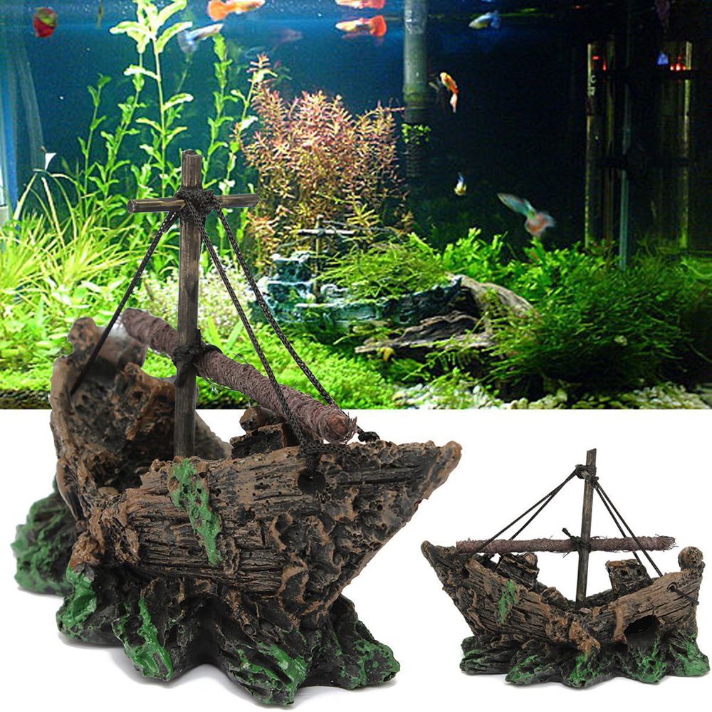 Resin Aquarium Ornament Wreck Sunk Ship Landscape Sailing Boat Cave Fish Playing Toys
