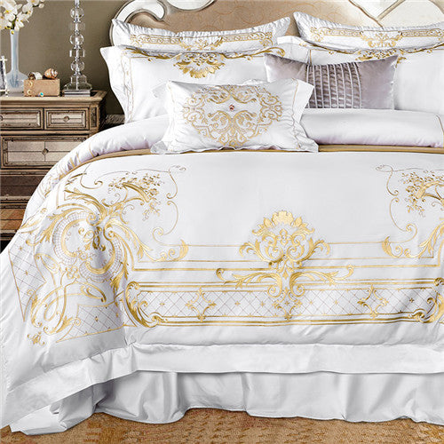 White Egyptian Cotton Bedding set US King Queen size Chic Golden Embroidery Bedding sets
